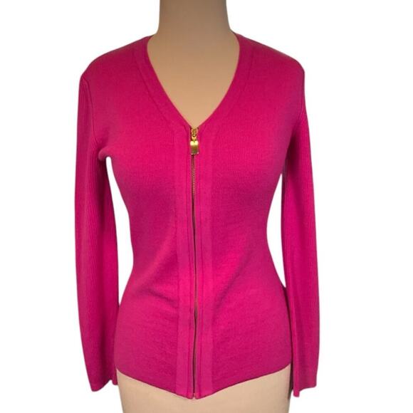 CLASSIQUES ENTIER Dark Pink 100% Wool Gold Full Zipper XS Long Sleeve Sweater - Picture 5 of 10